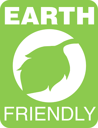 Green graphic saying "Earth Friendly."