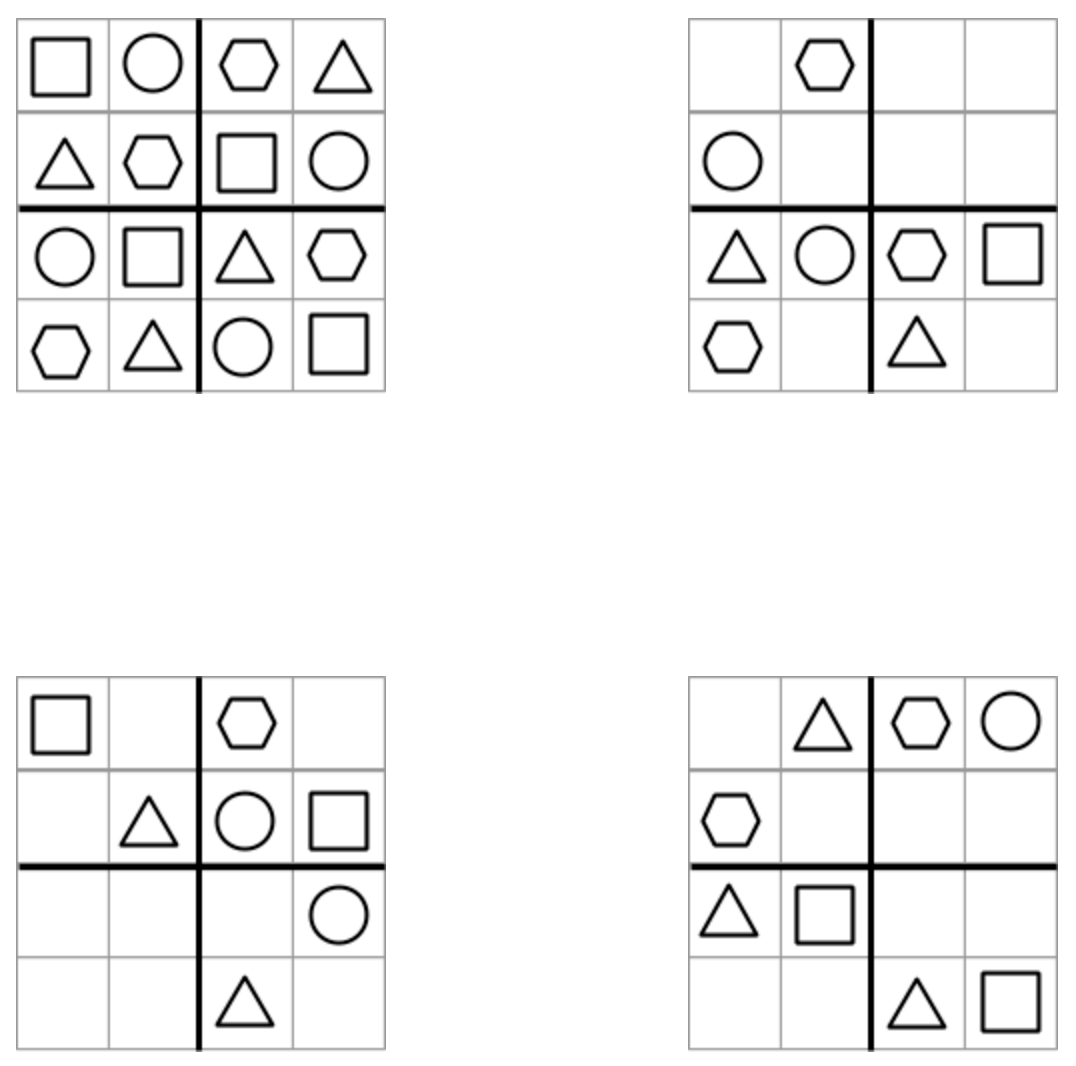 Four sudoku puzzles, completed with geometric shapes instead of numbers.