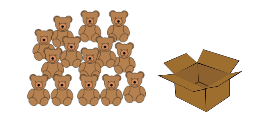 A pile of 14 teddy bears and an open empty cardboard box