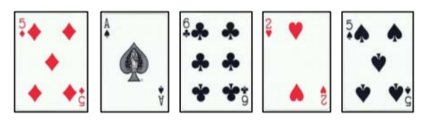Five of diamonds, ace of spades, six of clubs, two of hearts, and a five of spades.