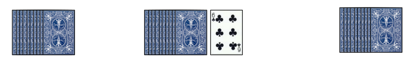 Three decks of cards, with the centre deck showing a six of clubs.