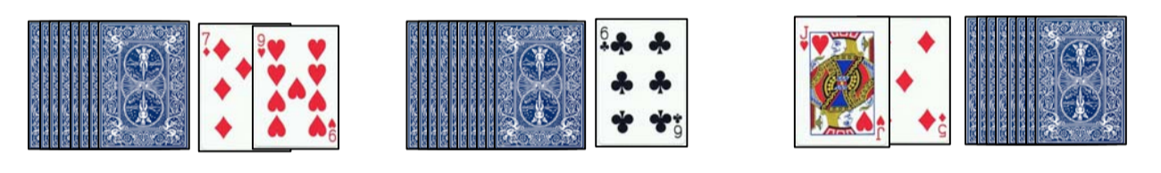 Three decks of cards. The first, on the left, is showing a seven of diamonds and a nine of hearts. The middle deck, is showing a six of clubs. The deck on the right is showing a Jack of hearts and a five of diamonds.