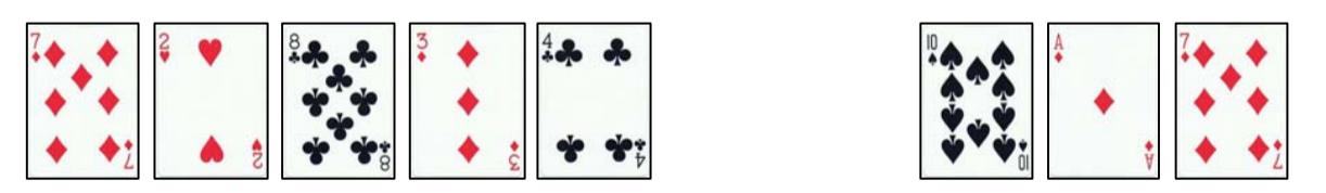 Alt Text: Player 1 has 7 of diamonds, 2 of hearts, 8 of clubs, 3 of diamonds and 4 of clubs. Player 2 has 10 of spades, Ace of diamonds and 7 of diamonds