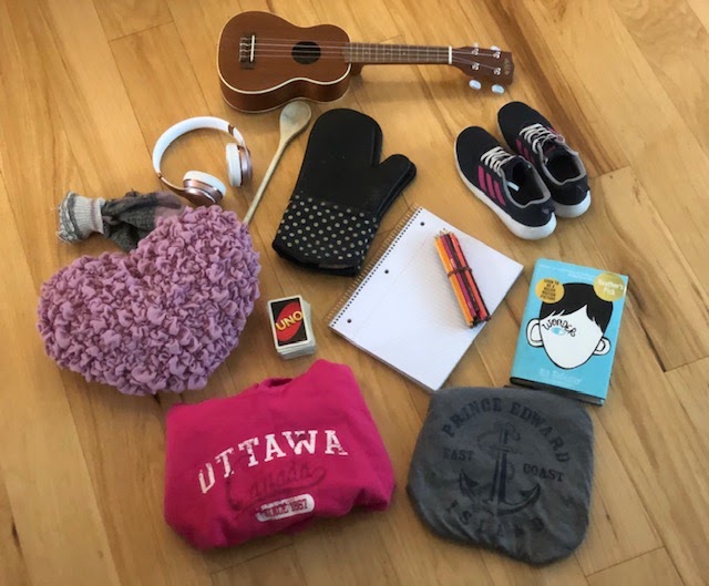 A collection of items, including a University of Ottawa sweatshirt, running shoes, oven mitts, headphones and books.
