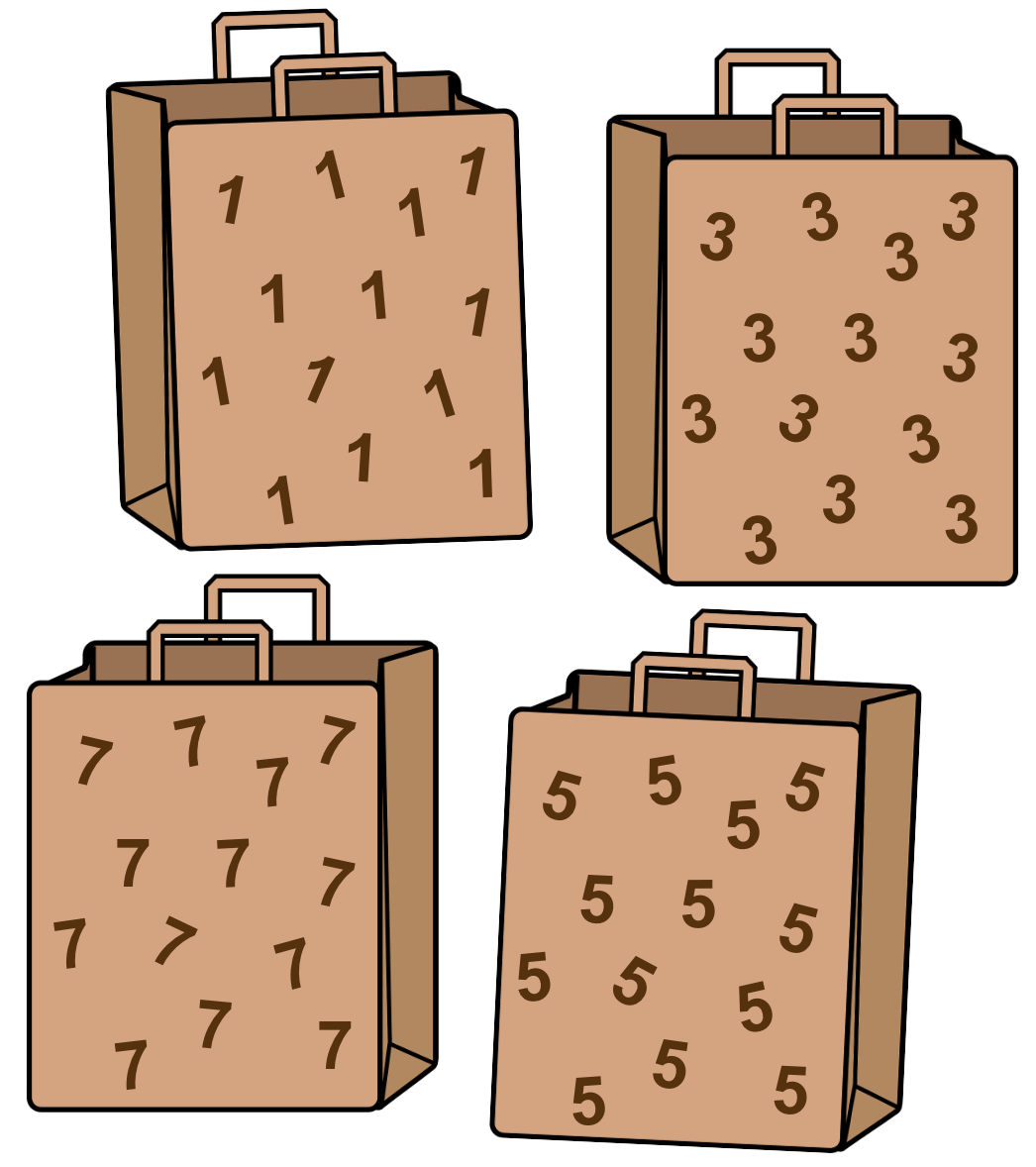 An image of four paper bags. Each has one number (1,3,5,7) appearing on it 13 times. 