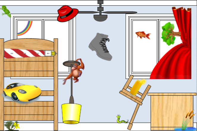Cartoon picture of a room with two windows, a ceiling fan, bunk beds, a desk, an upside down chair with a glass of orange juice on it, an upside down floor lamp with an orangutan hanging from it, an upside down red curtain on one side of one window, a tree growing sideways in the window, a fish swimming outside the window, an upside down rainbow in the top corner of the other window, a red hat on the ceiling fan, a yellow sports car on the bottom bunk, a sideways lighthouse on the end of the top bunk, a plant growing under the bed, a grey boot on the wall, a frog climbing in the top left corner of the wall, a snake on the floor, and cattails in the bottom right corner of the desk.