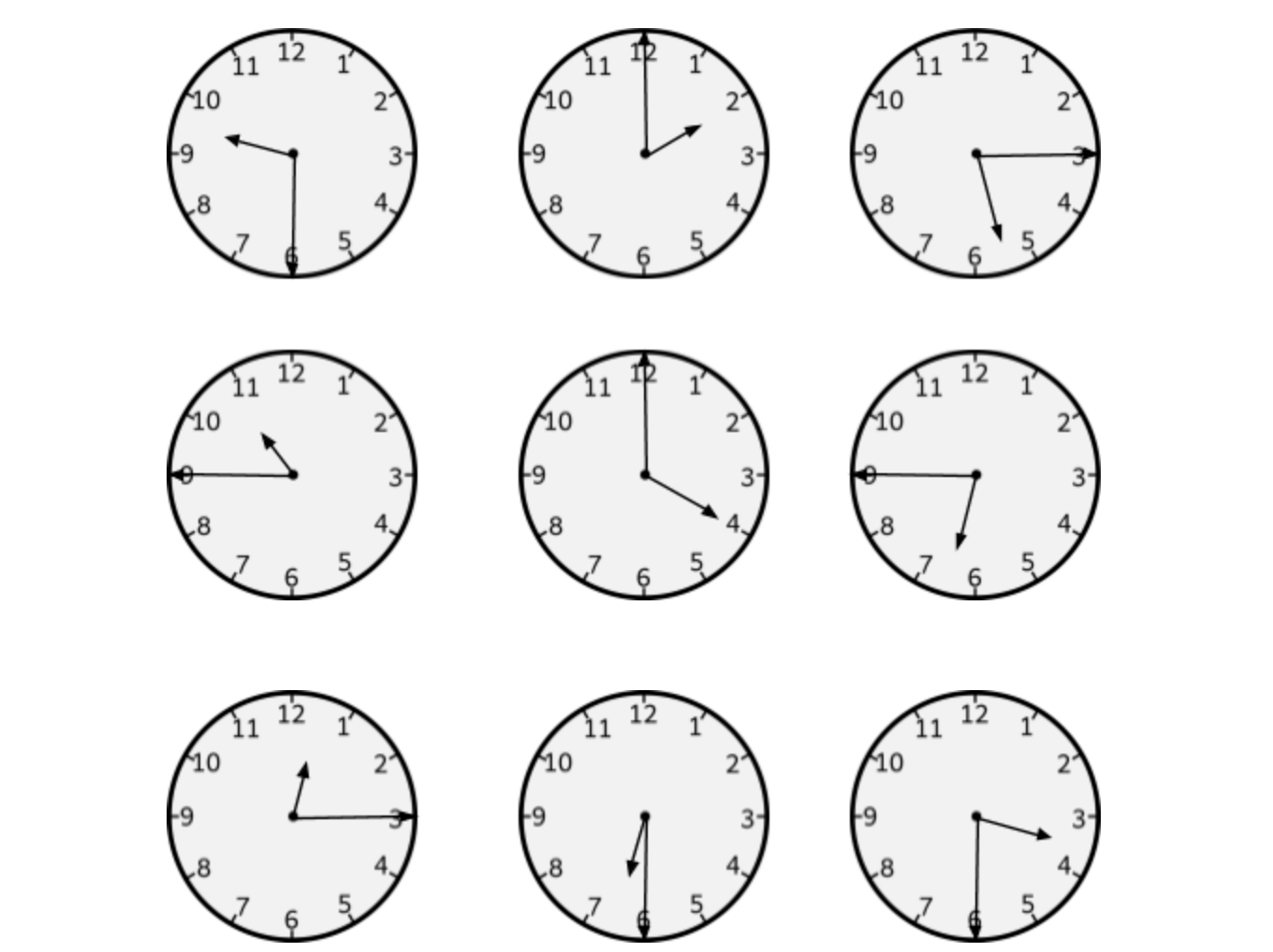 Alt text = 9 clocks showing different times: 9:30, 2:00, 5:15, 10:45, 4:00, 6:45, 12:15, 6:30, 3:30.