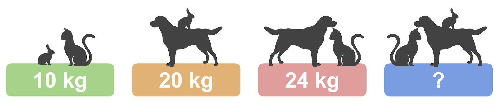 Four coloured masses labelled below different combinations of pet silhouettes. Green rectangle labelled 10 kg below a rabbit and cat silhouette, orange rectangle labelled 20 kg below a dog and rabbit silhouette, red rectangle labelled 24 kg below a dog and cat silhouette, and a blue rectangle labelled with a question mark below a dog, cat, and rabbit silhouette.
