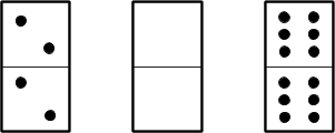Set of 3 dominoes, two dots on top two dots on bottom, no dots on top no dots on bottom, six dots on top six dots on bottom.