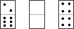 Set of 3 dominoes, two dots on top six dots on bottom, no dots on top no dots on bottom, four dots on top four dots on bottom.