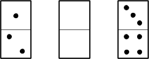 Set of 3 dominoes, one dot on top two dots on bottom, no dots on top no dots on bottom, three dots on top four dots on bottom.