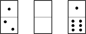 Set of 3 dominoes, one dot on top two dots on bottom, no dots on top no dots on bottom, one dot on top six dots on bottom.