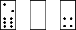 Set of 3 dominoes, two dots on top six dots on bottom, no dots on top no dots on bottom, no dots on top four dots on bottom.