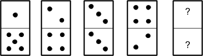 A set of 5 dominoes, one dot on top five on the bottom, two dots on top four on the bottom, three dots on top three on the bottom, four dots on top two on the bottom, the fifth domino has a question mark in the top and bottom