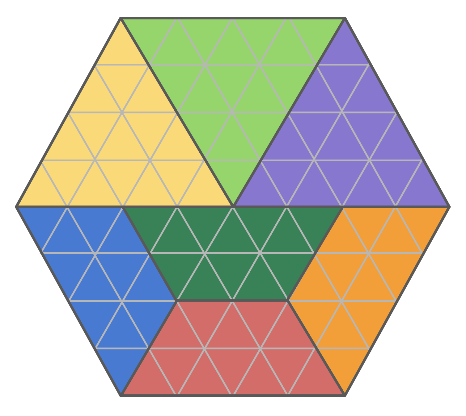 A triangle grid within a hexagon outline (a total of 96 triangles contained within.) The shape is also divided into different coloured fractional parts in a variety of sizes: Blue, green, red, and orange trapezoids that are 12 triangular units each, as well as yellow, green, and purple triangles that are 16 triangular units each.