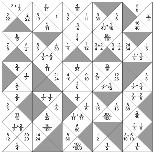 5x5 grid containing fraction puzzle pieces.