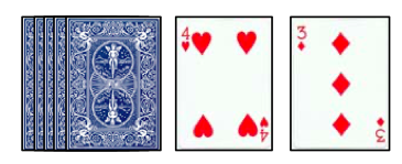 a stack of playing cards face down, A 4 of hearts and 3 of diamonds face up