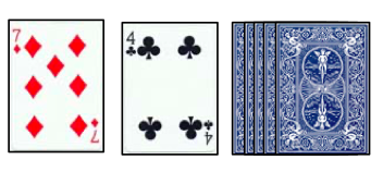 A 7 of diamonds and 4 of clubs, a stack of playing cards face down.
