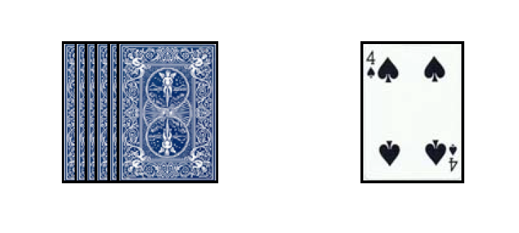 Deck of cards face down in one pile, 4 of spades face up in another pile.