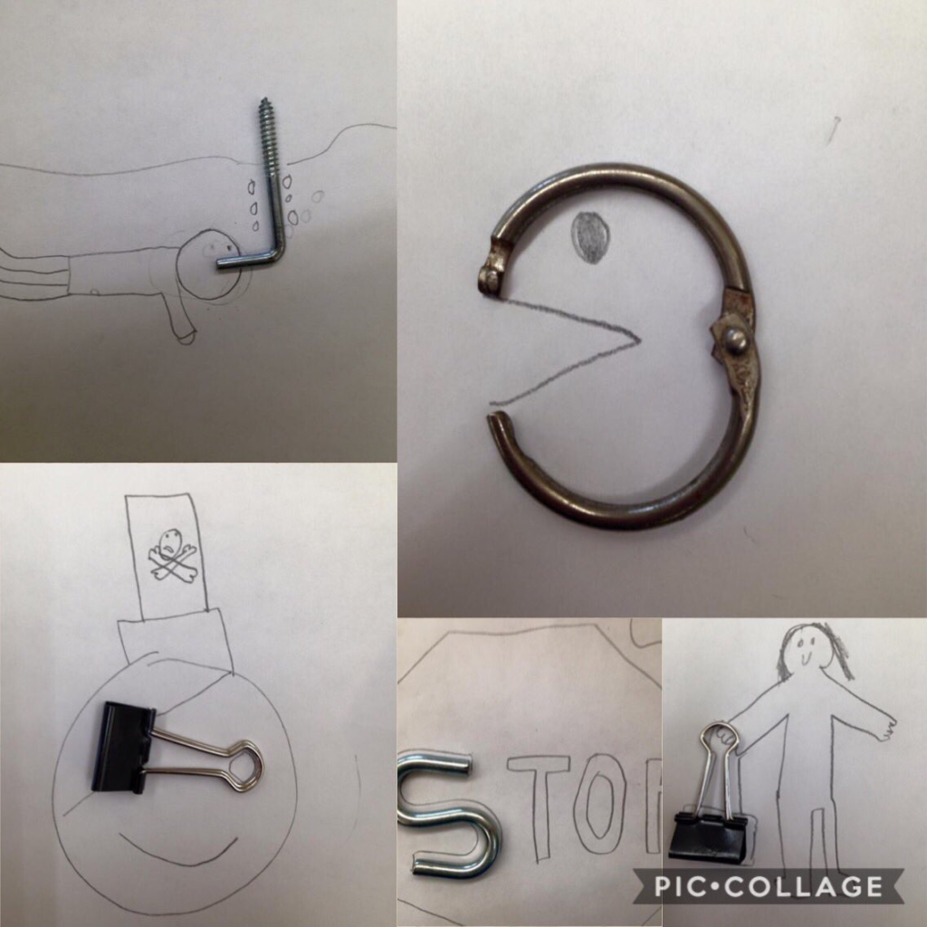 Hexagon key used as a snorkel underwater "S" hook for the letter "S" on a stop sign drawing Binder clip is used for a nose of a man or the purse of a person