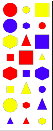 Triangles, circles, squares and hexagons in a variety of colours and sizes.