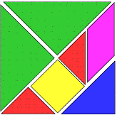 A square cut into 7 pieces: 2 large triangles, 1 medium triangle, 2 small triangles, 1 small square and 1 parallelogram.