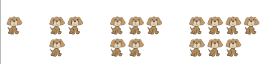 Term 1 has 1 dog, Term 2 has 2 dogs in the top row and 1 dog in the bottom row. Term 3 has 3 dogs in the top row and 2 dogs in the bottom row, Term 3 has 4 dogs in the top row and 3 dogs in the bottom row.