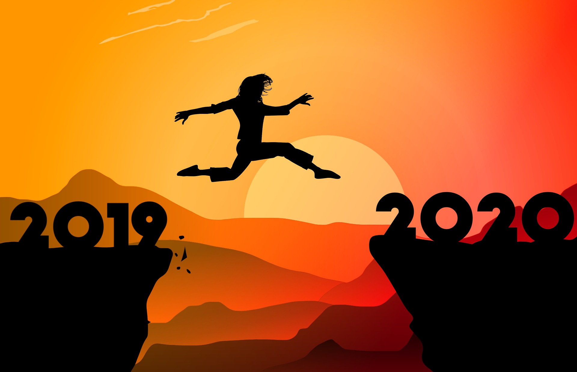 Against a backdrop of an orange setting sun and orange-hued mountains, a silhouette of a person jumping from a cliff with "2019" on it to a cliff with "2020" on it.