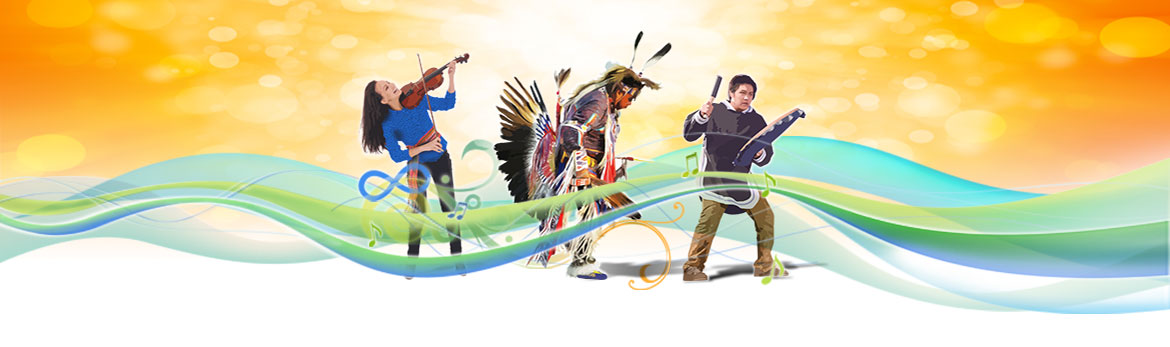 Three Indigenous people, the first playing a fiddle, the second in traditional dance regalia, and the third playing an Inuit drum, on an orange background with green wavy lines running horizontally across the center behind and in front of the Indigenous people.