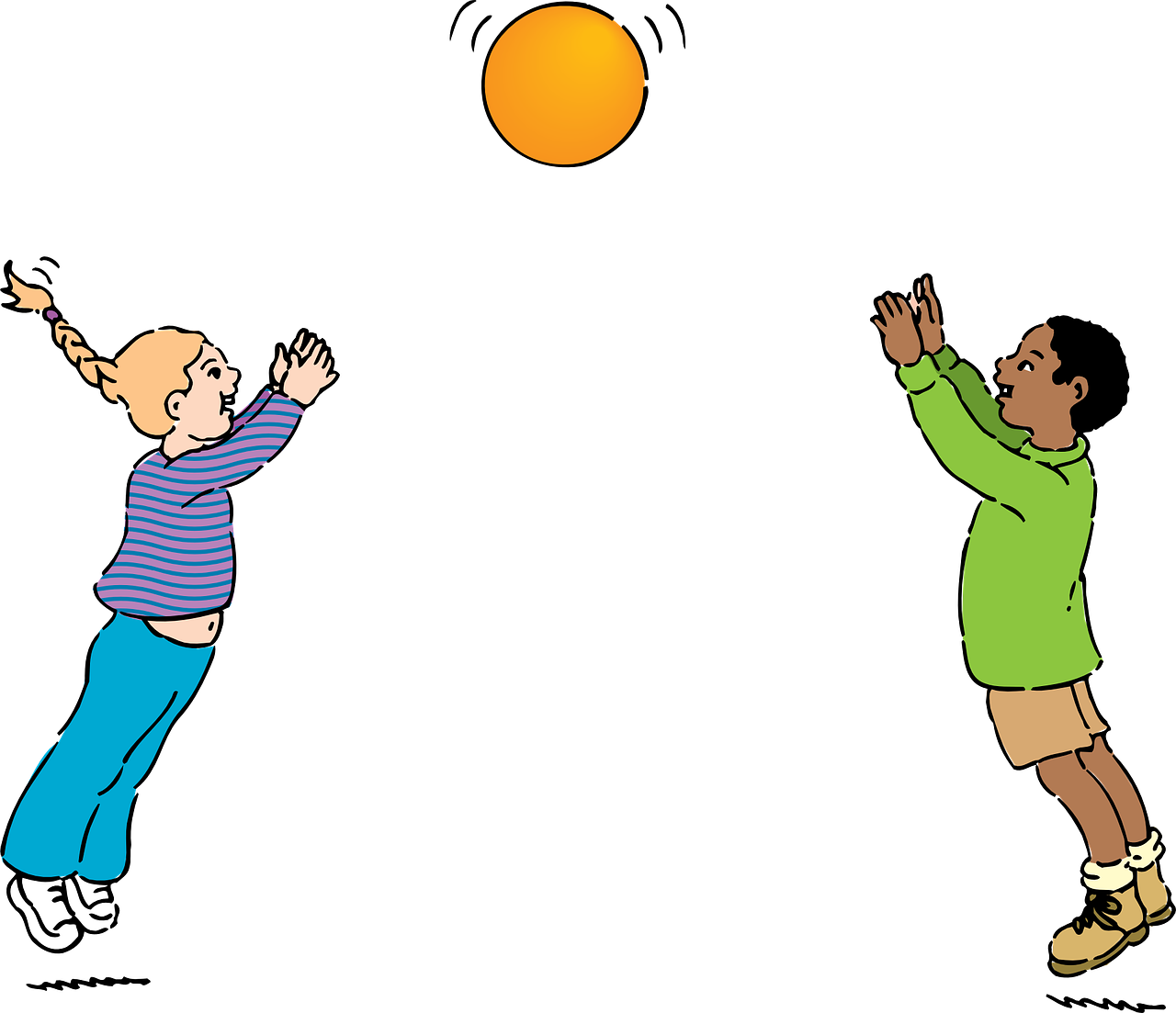 A girl and a boy are on either side with their hands up in the air ready to catch a yellow ball that is in the air in between them.