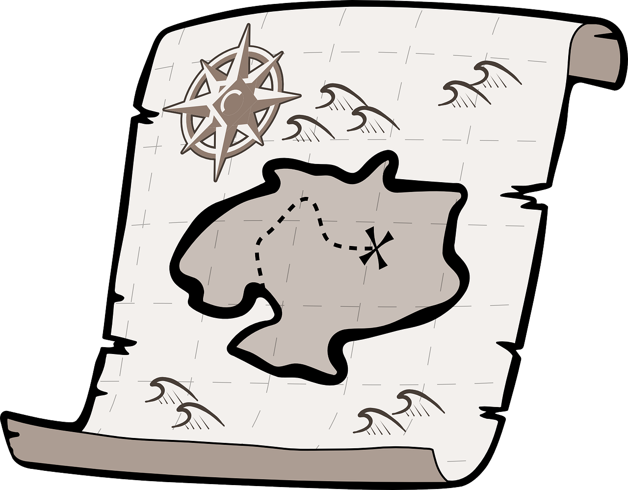 Clip art of a treasure map with an island and an X on it. The compass rose is on the top left. Waves surround the island.