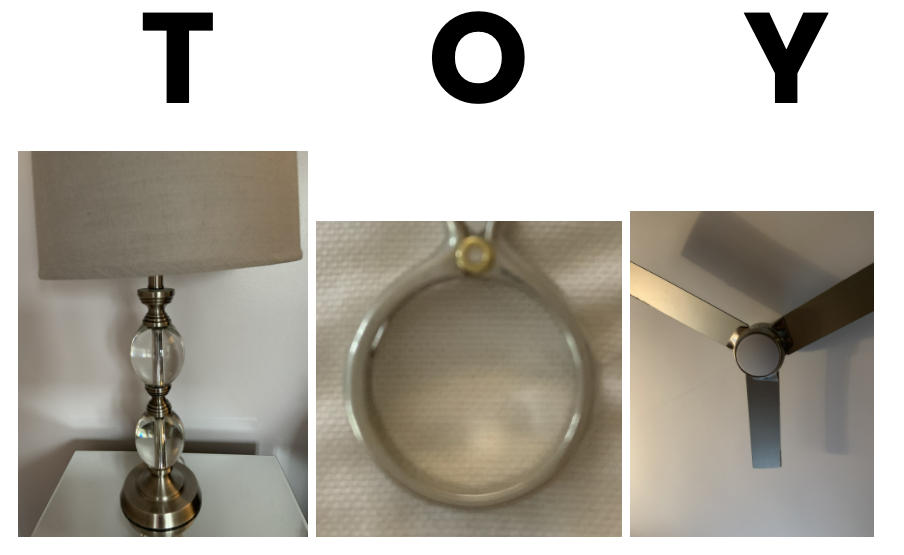 An image of a lamp, a keyring and a ceiling fan that spell out the word "TOY". 