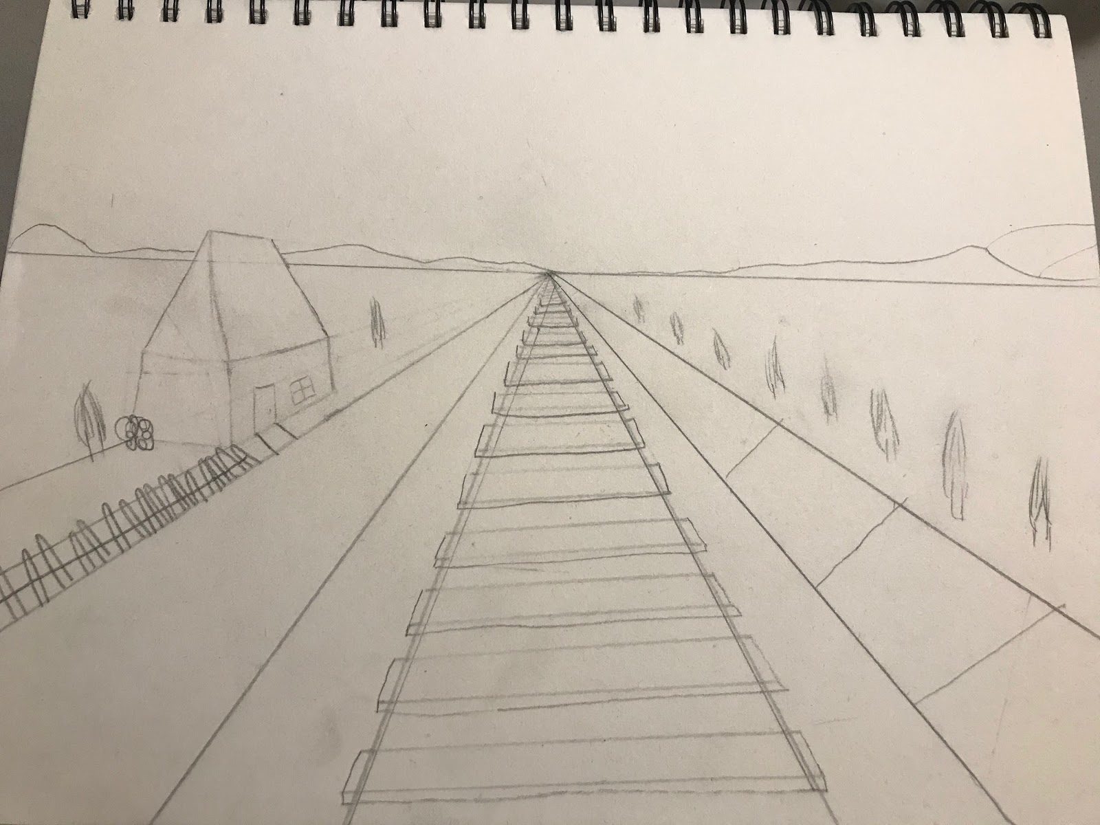 Pencil drawing of railroad tracks leading off into the distance. 