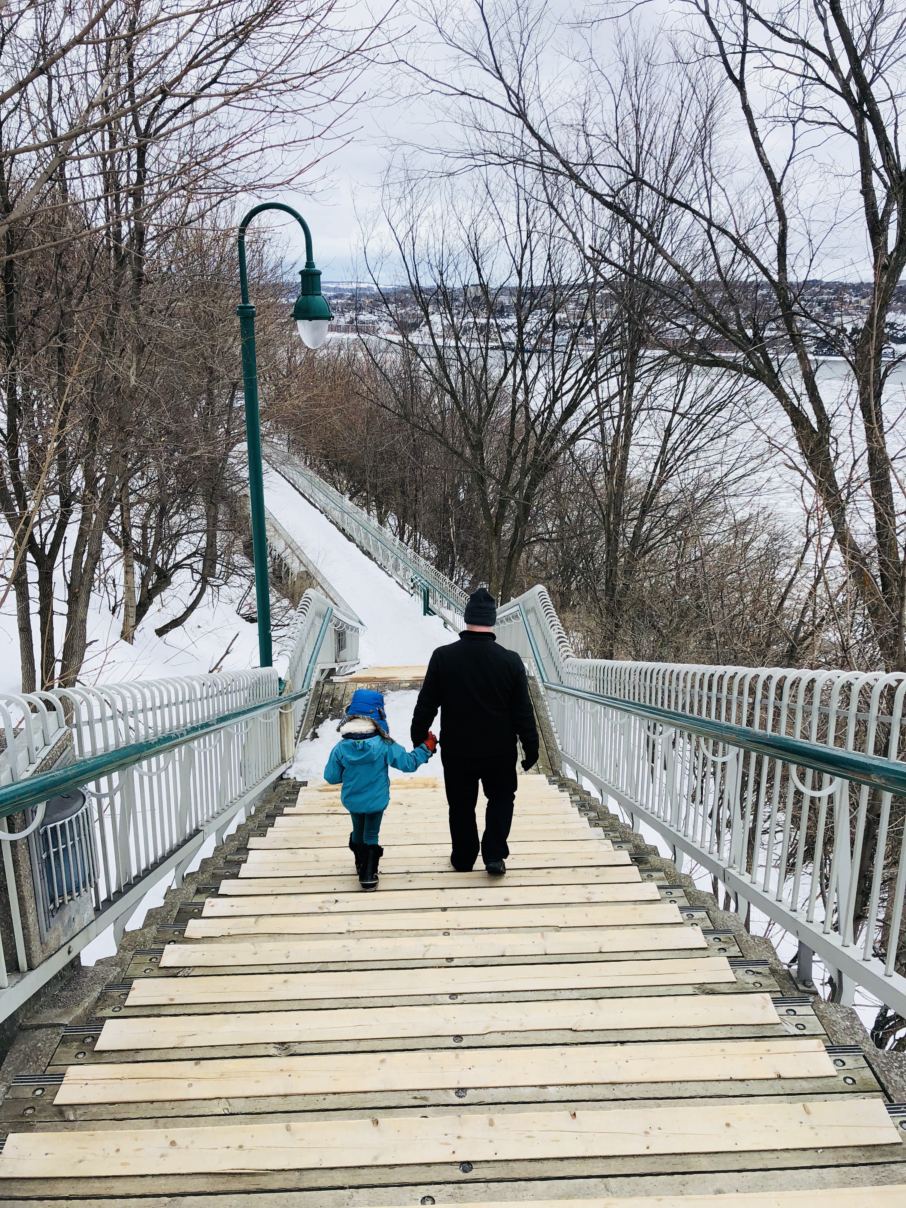 Parent and child walk down a set of stairs outdoors in the winter.