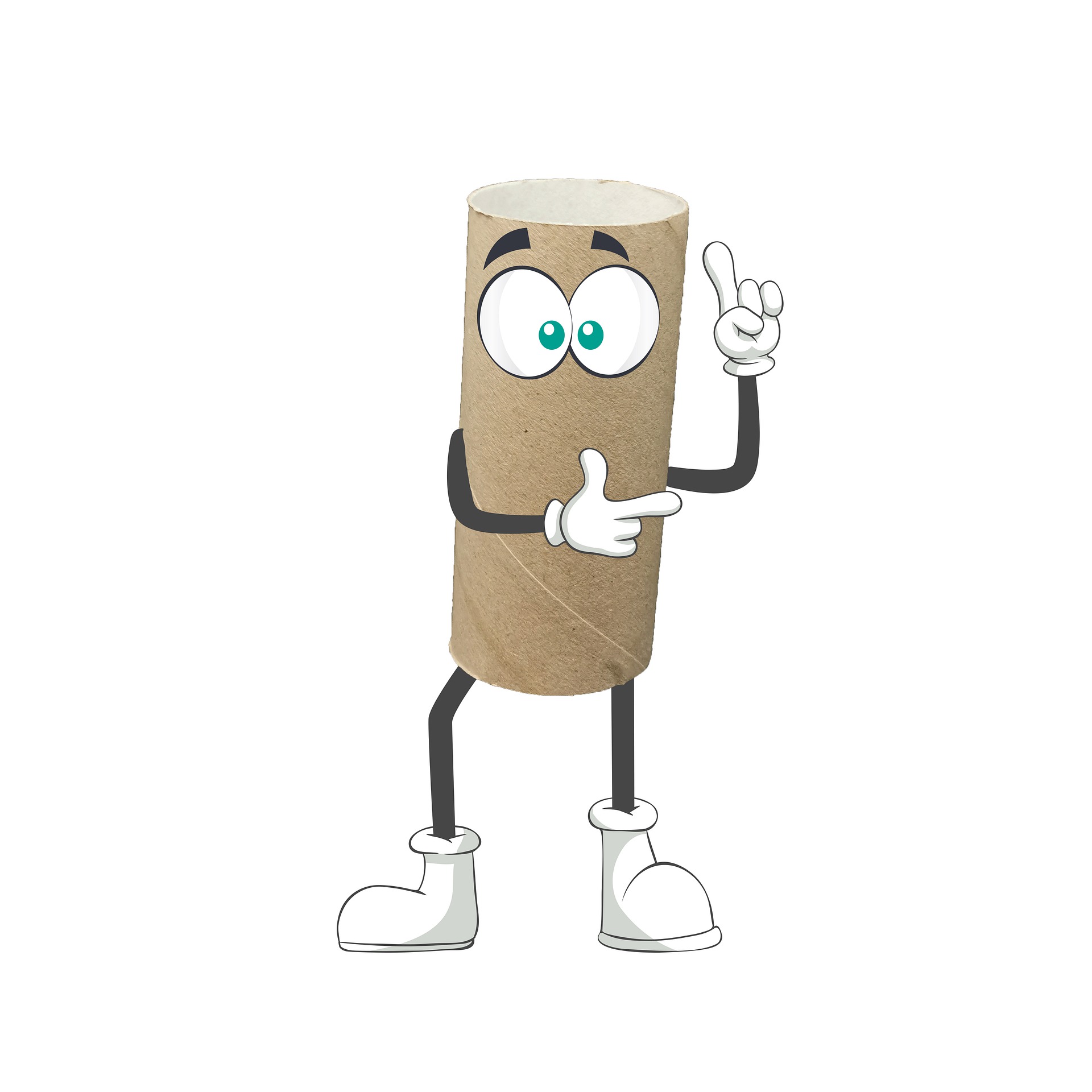 A used toilet paper roll, with eyes, arms and legs attached.