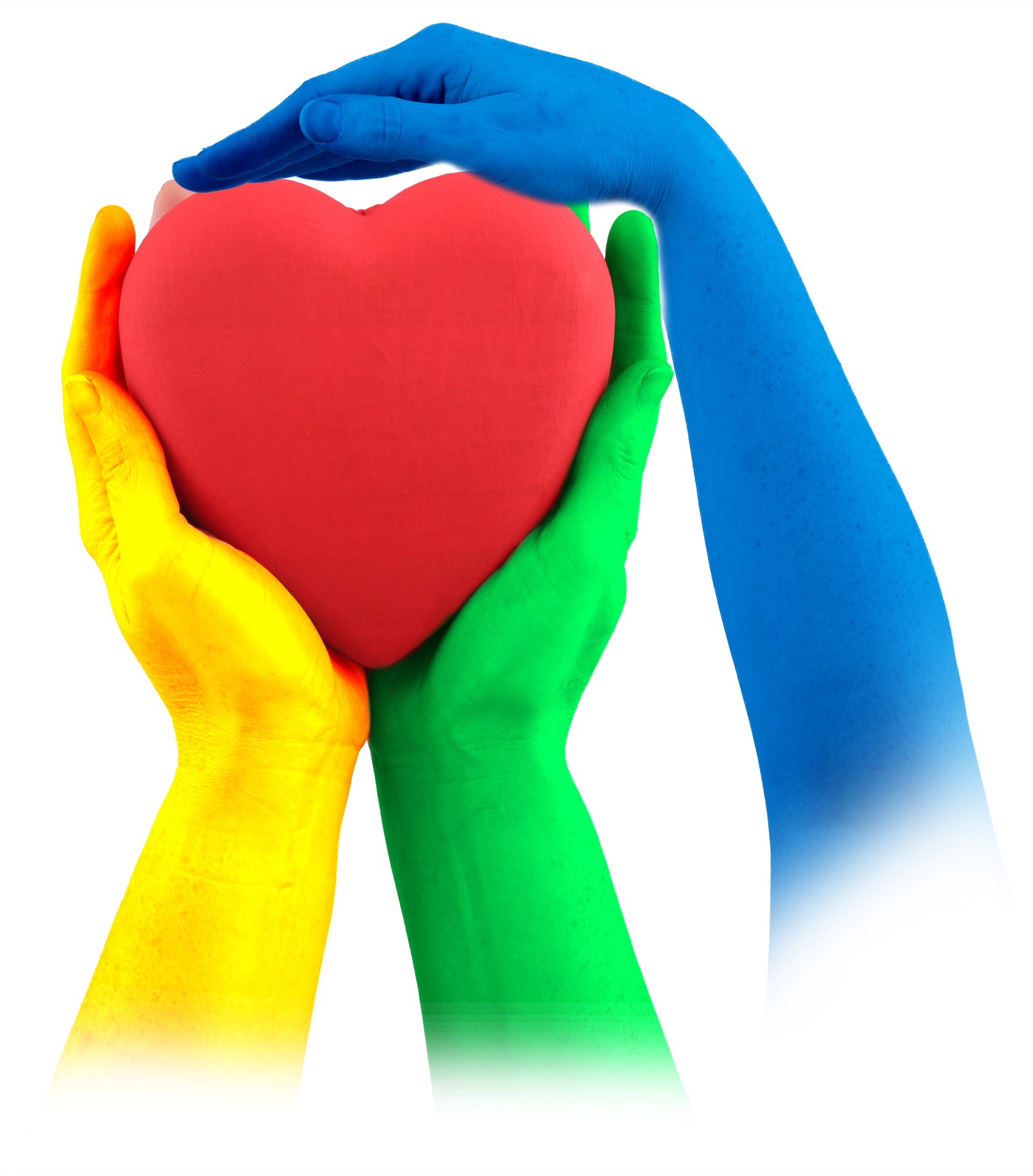 A yellow hand, green hand and blue hand hold a red heart.