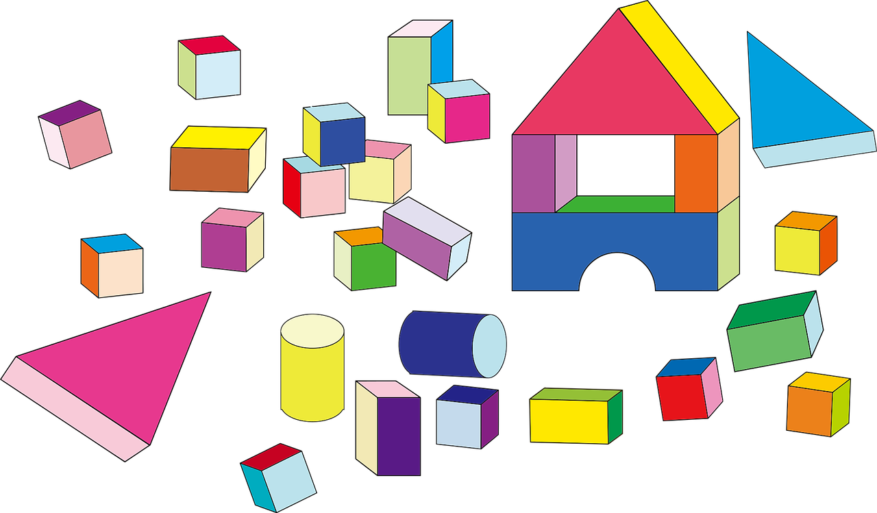 A variety of three dimensional shapes, including rectangles, cubes, cylinders, pyramids, and triangles.