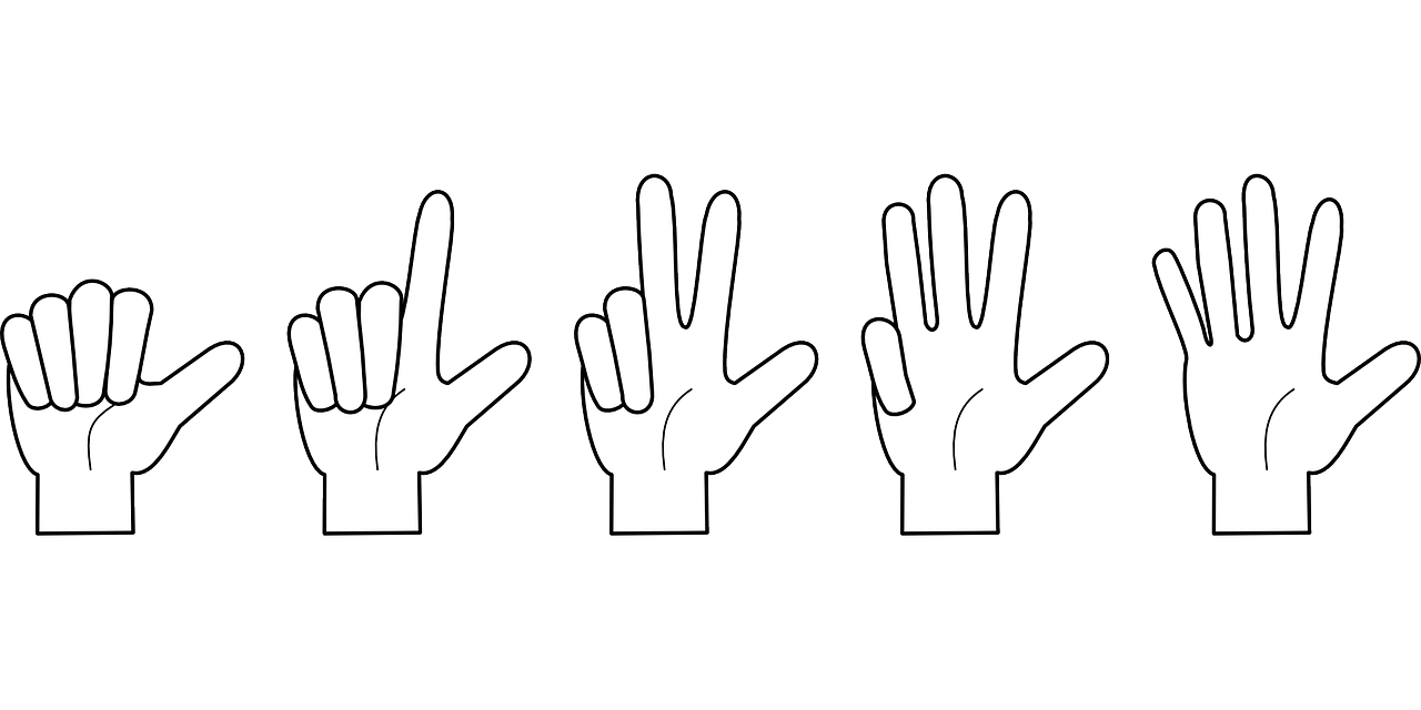 Hands display the numbers one to five with extended fingers
