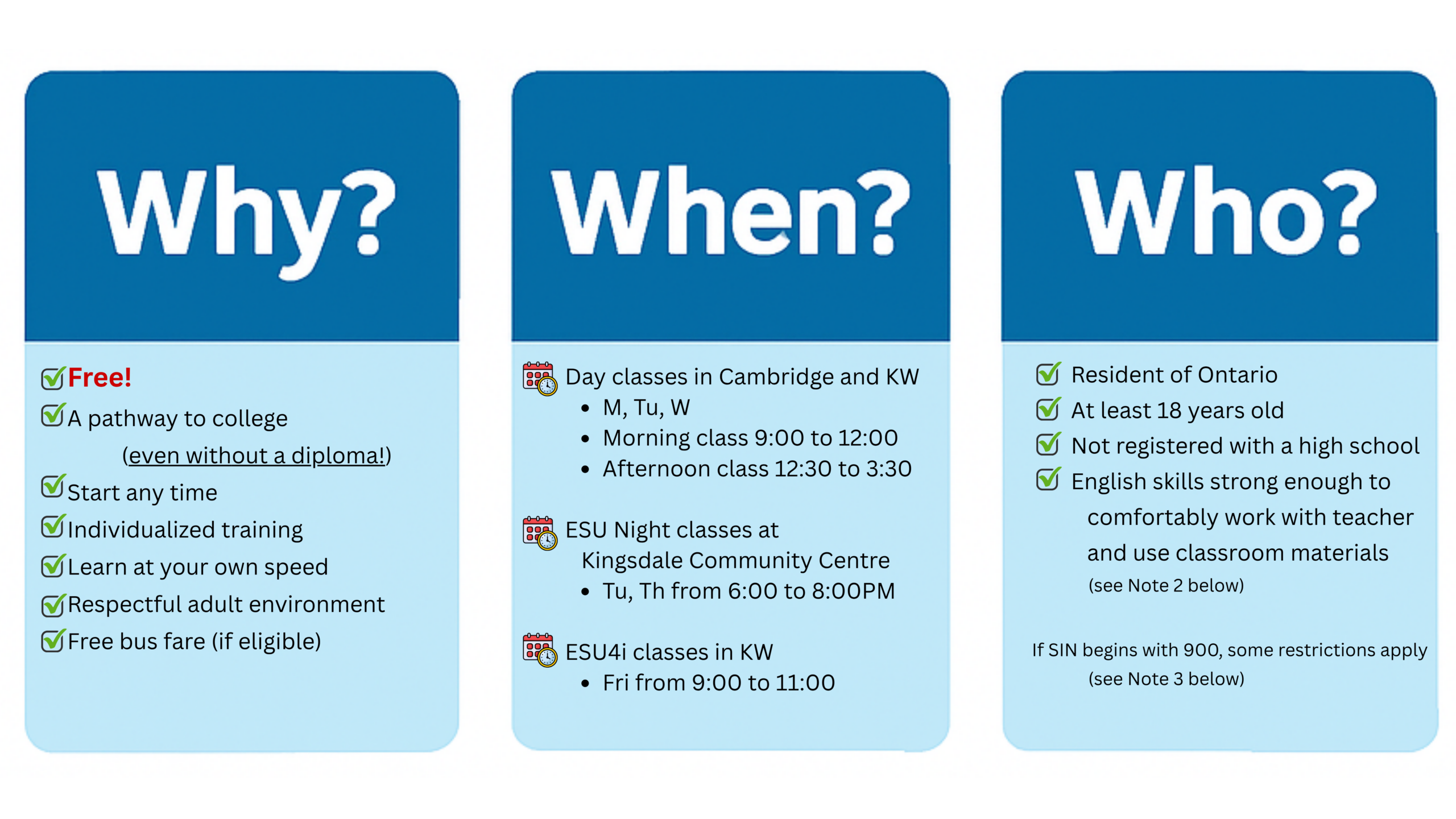 lists of reasons why to attend, list of times and places, and list of eligibility criteria
