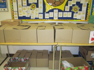 Just some of the boxes of food waiting to be picked up by the Food Bank.
