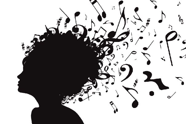 Black and white image of hair turning into music notes