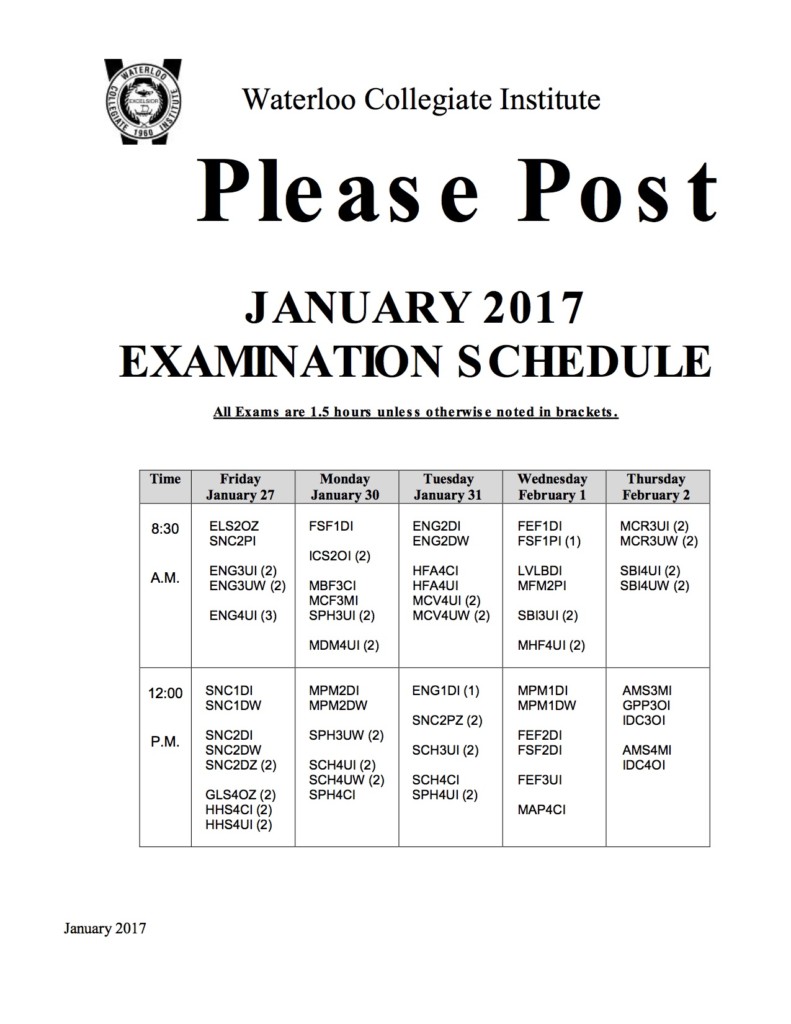 January Exam Schedule (Waterloo Collegiate Institute)